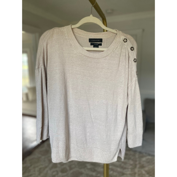 Tahari 100% Linen Beige Blouse Button Shoulder Long Sleeve XL Parisian Scandi - Picture 2 of 5